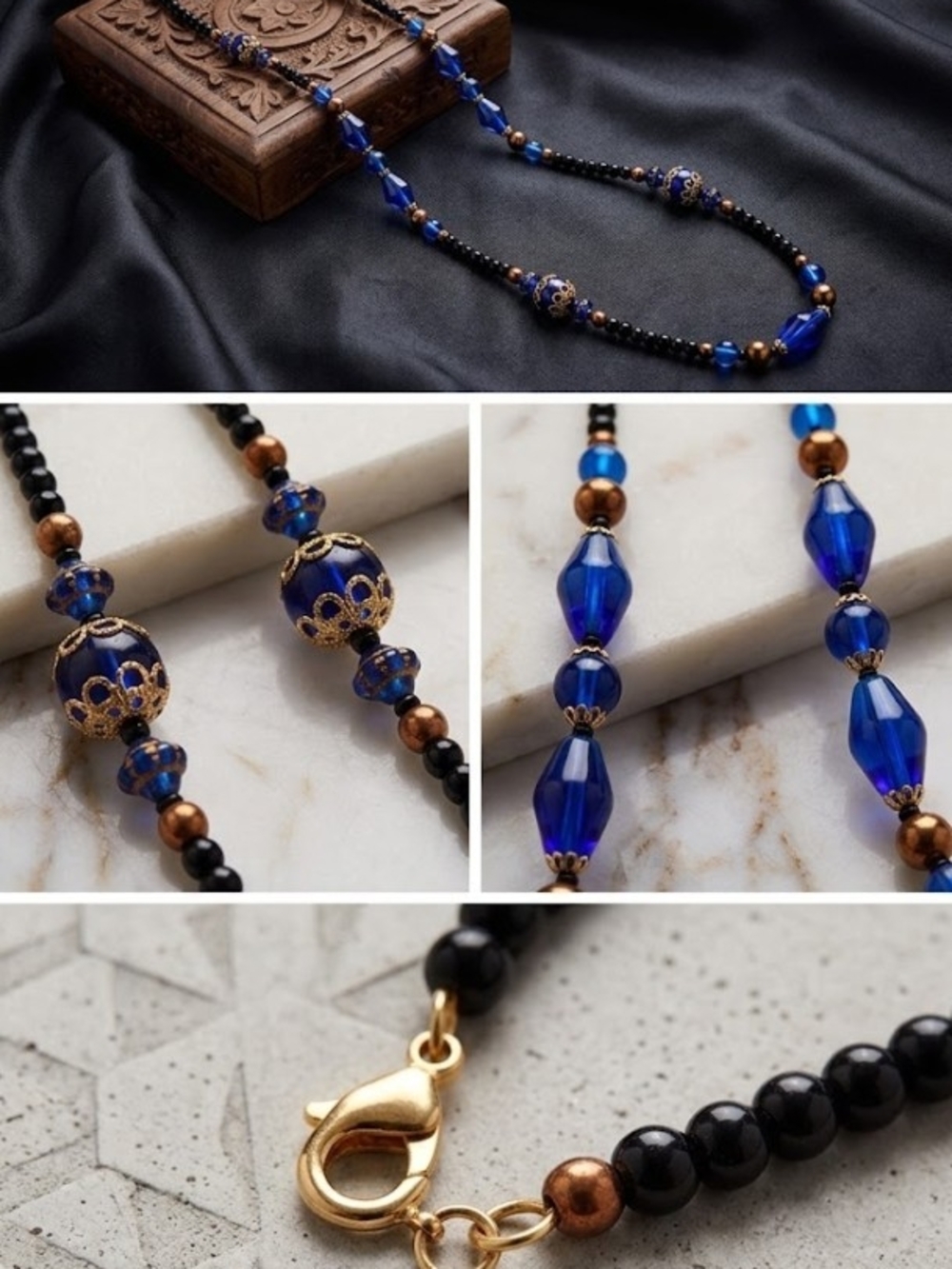 Vintage Art Deco Cobalt Blue Glass & Filigree Beaded Necklace - Collectible